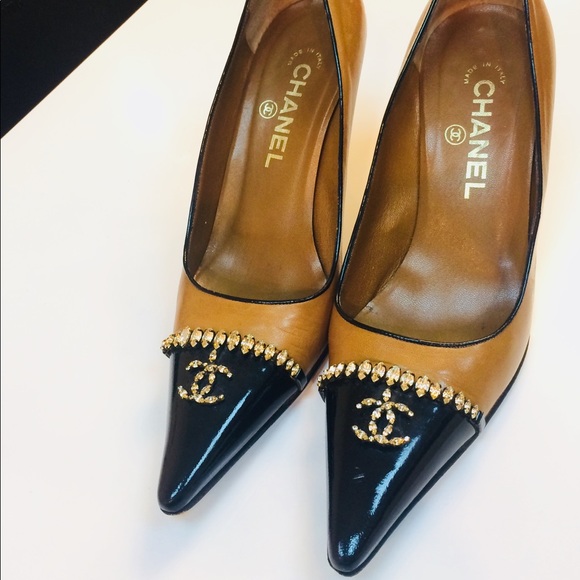 CHANEL Shoes - Chanel Embellished Tan & Black Pumps
